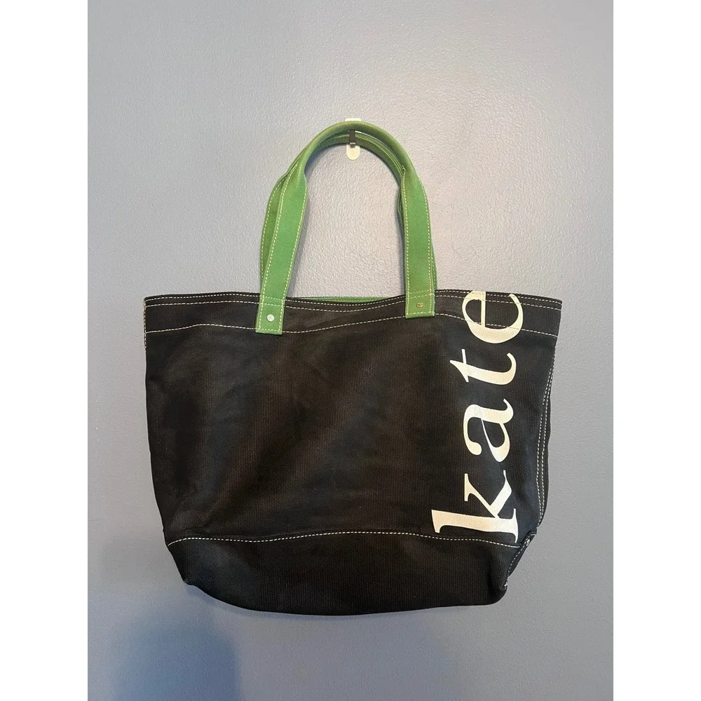 Kate Spade New York Canvas Tote Bag Black With Green Handles Bold Logo Chic